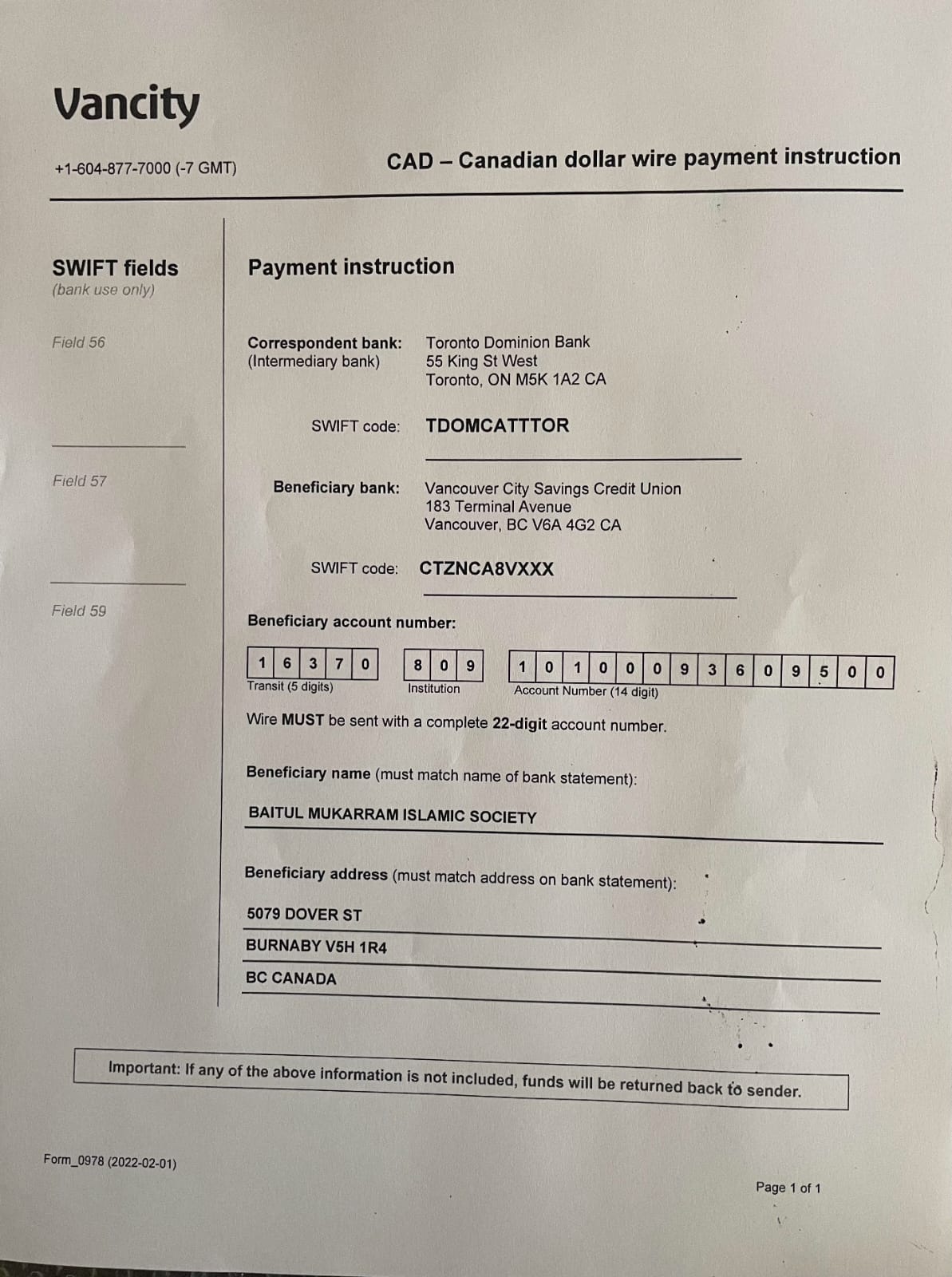 International Transfer Details